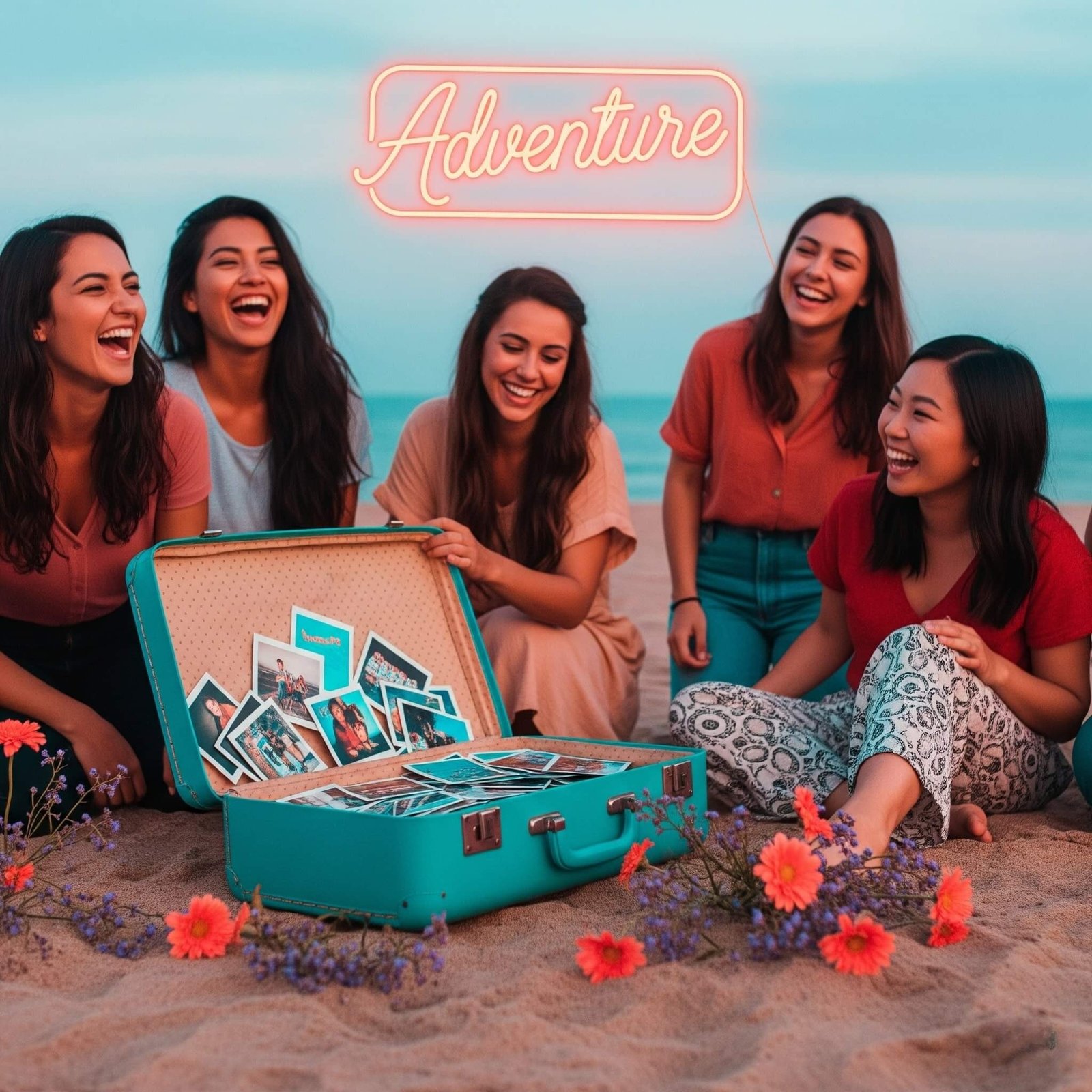 Women laughing on beach, vintage suitcase, 