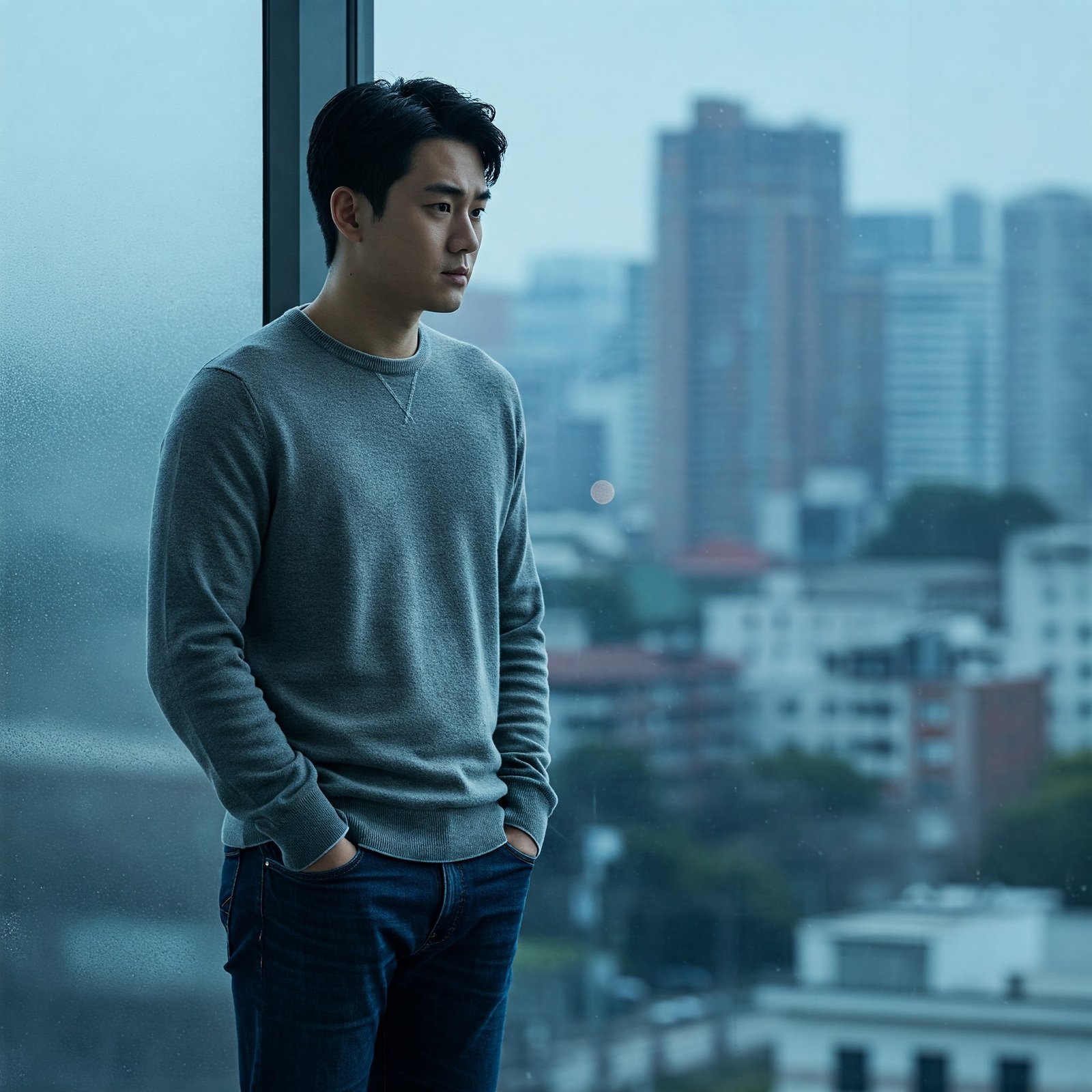 Frosted window view, emotional distance concept