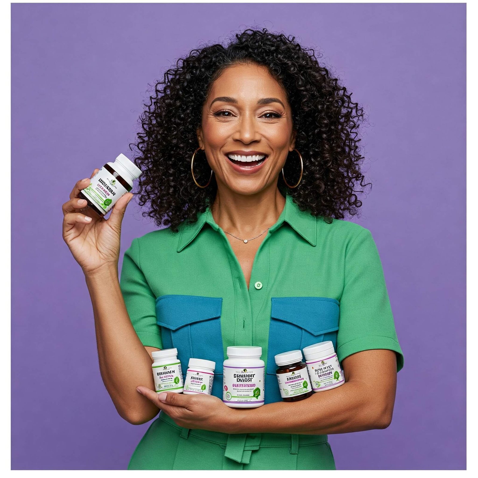 Smiling woman holding vitamin supplements