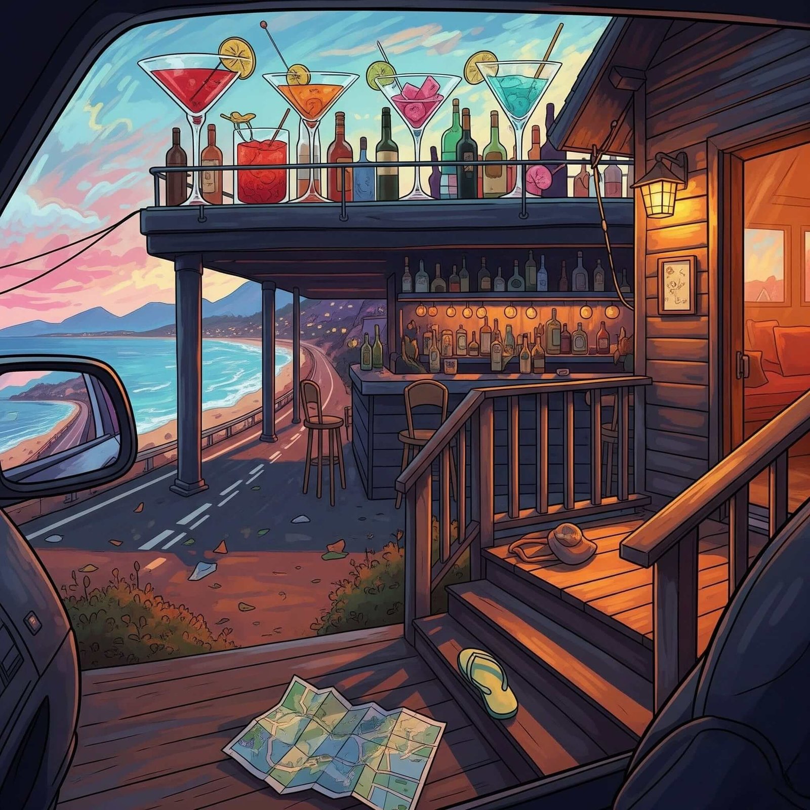 Rooftop bar, coastal road, cabin porch – impressionistic vibes.