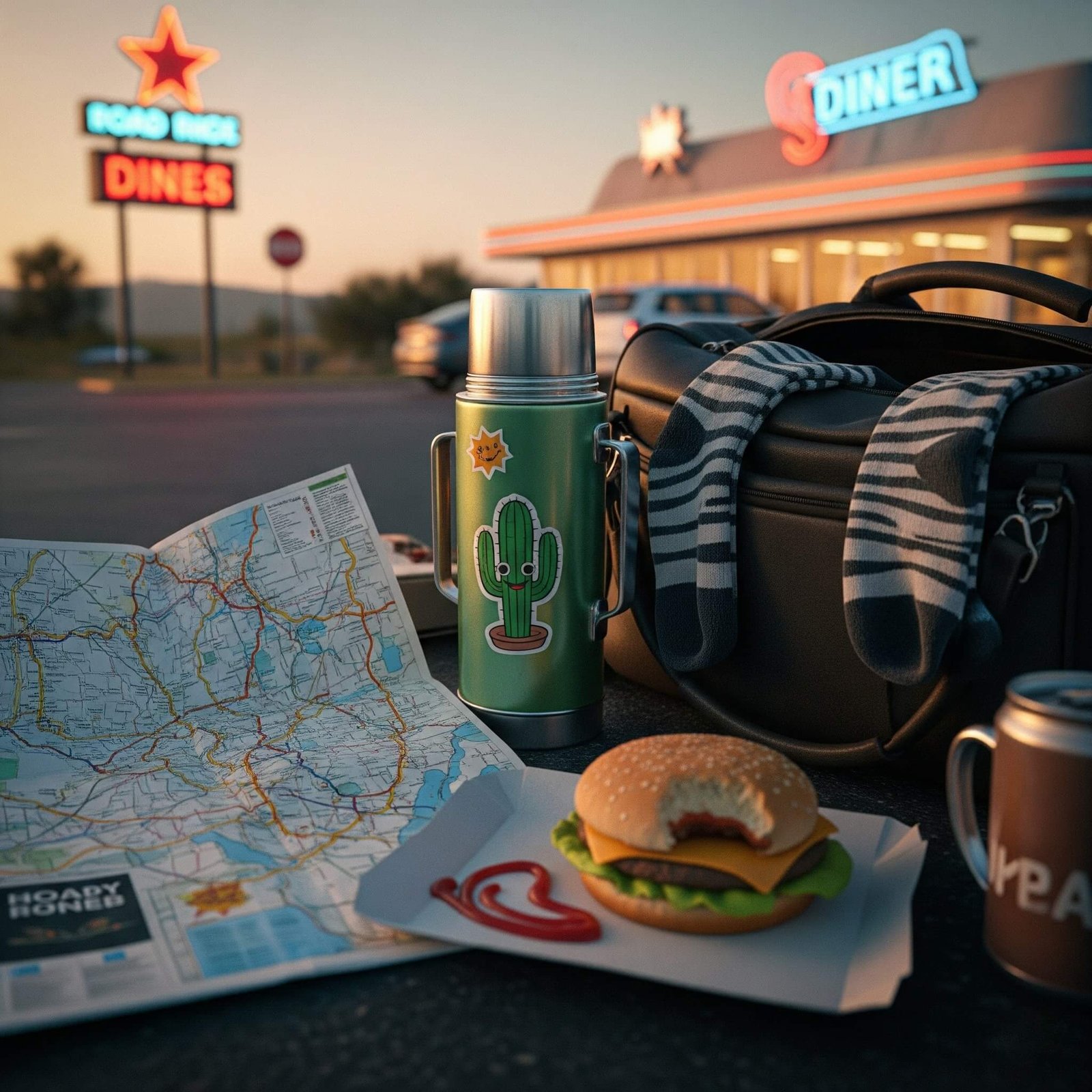 Road Trip Essentials: Map, Burger & Socks