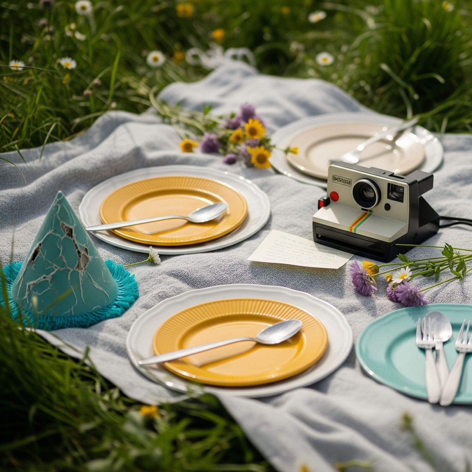 Picnic with Mismatched Plates and Polaroid