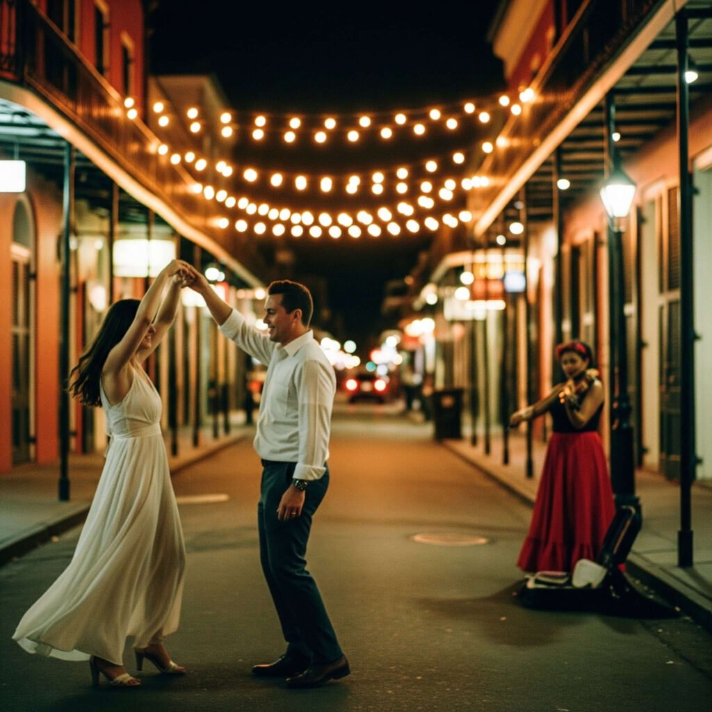 Dancing in French Quarter at night under string lights with street performer.