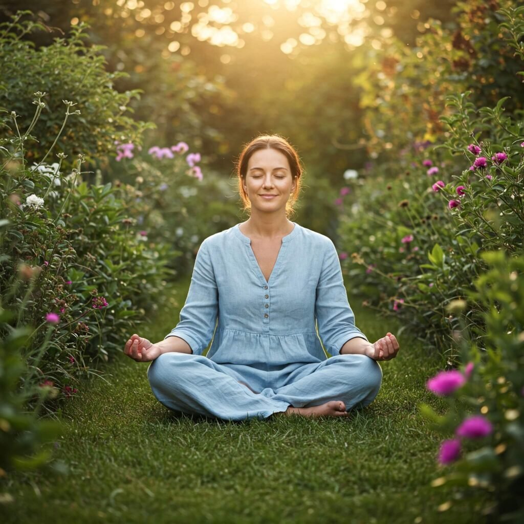 Woman meditating in garden