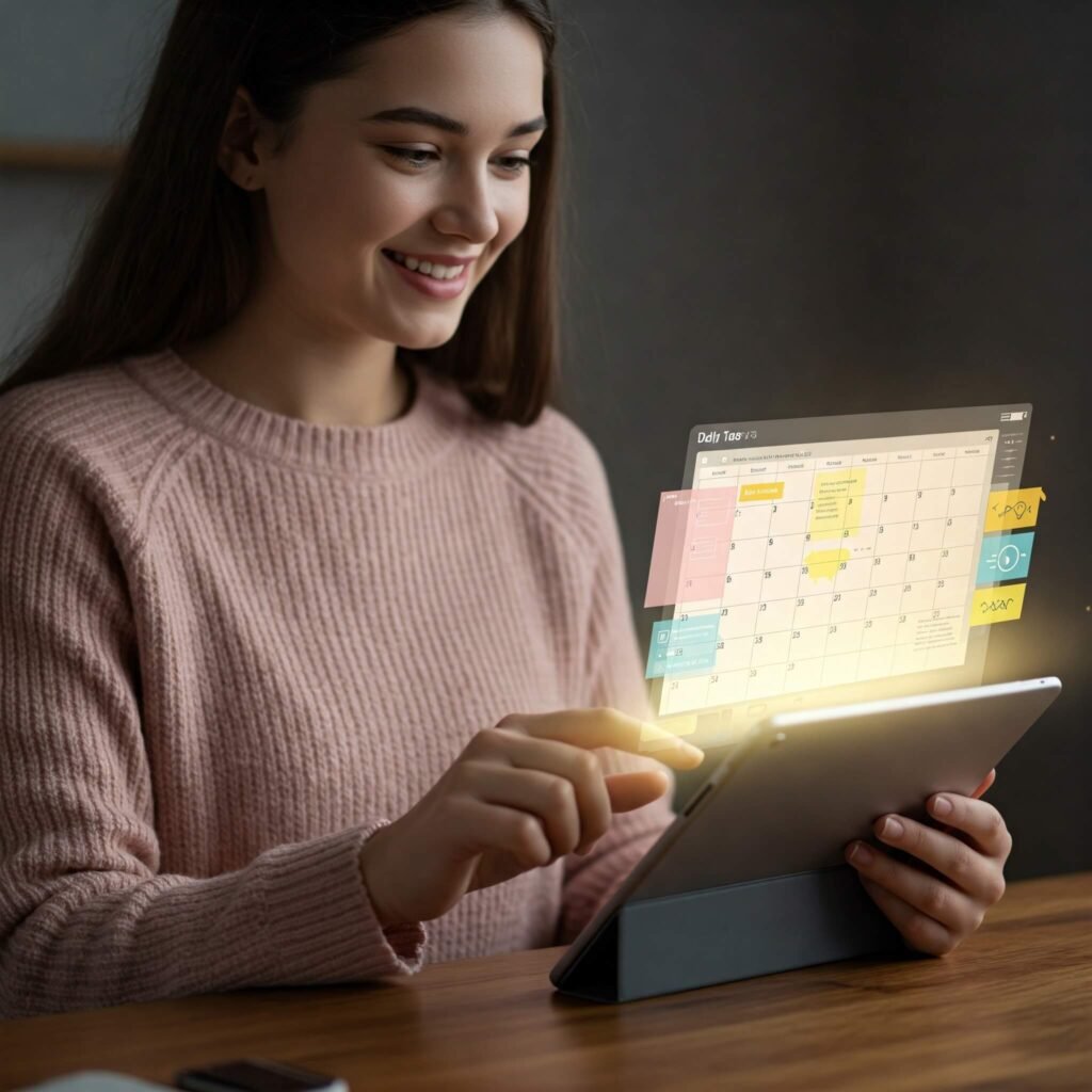 Woman planning her day on a tablet