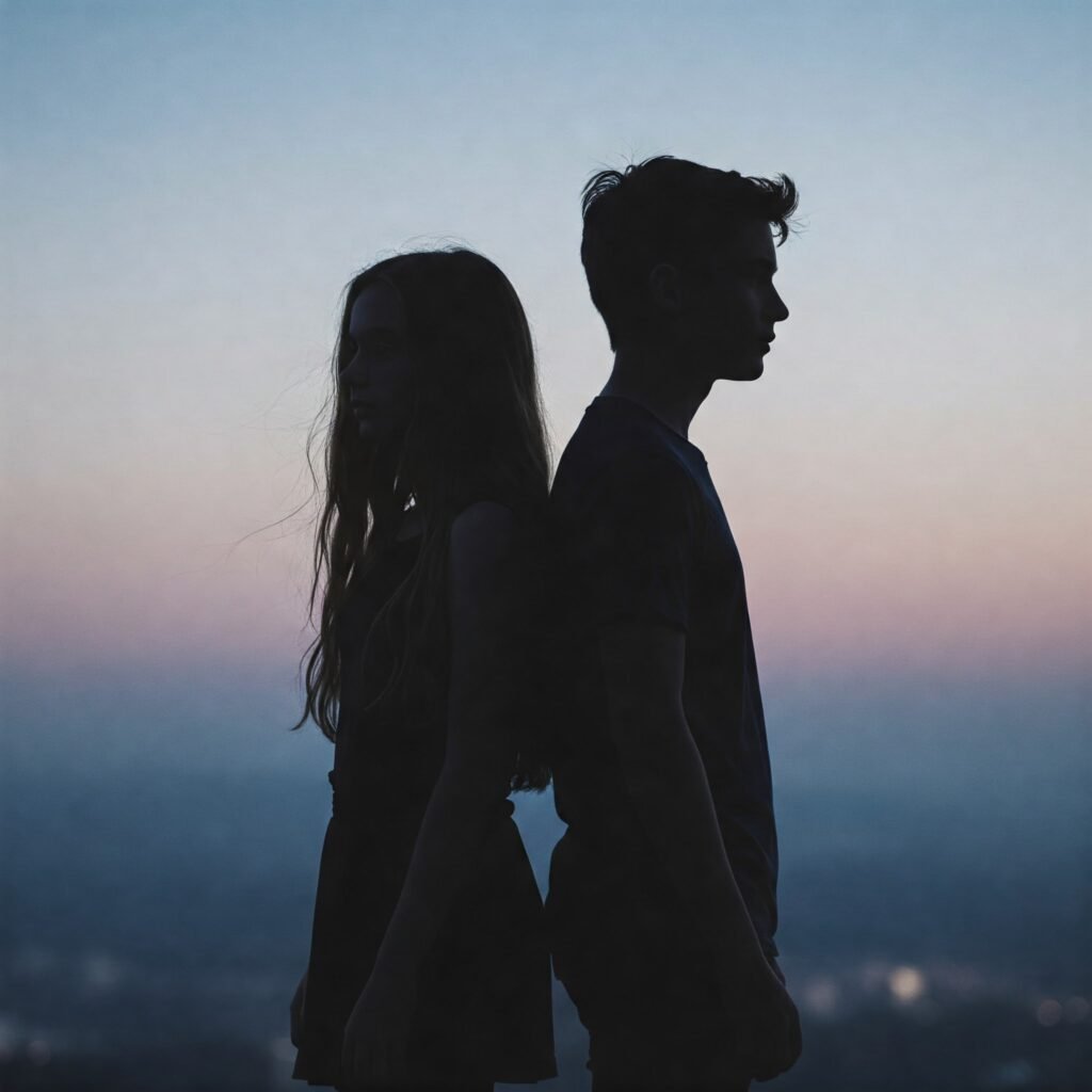 Emotional distance: girl and boy silhouettes