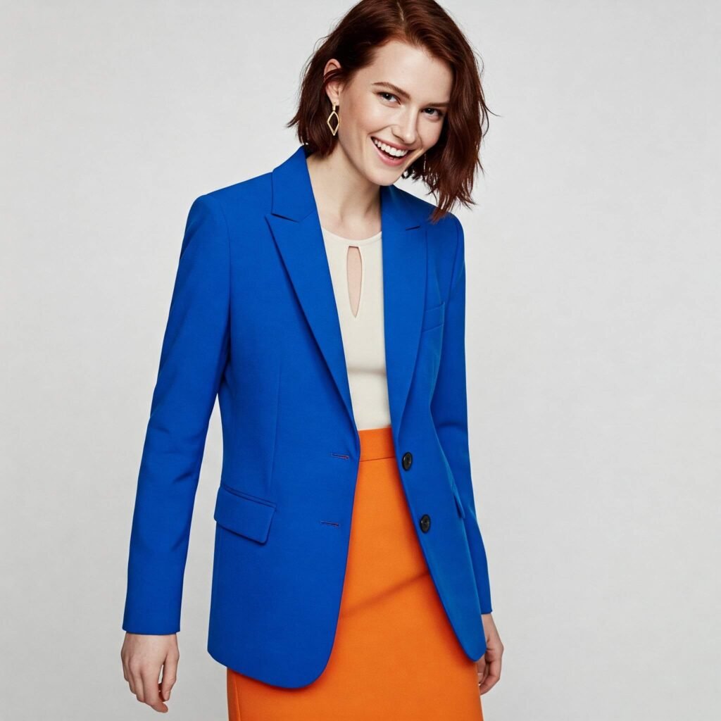 Color Blocking Outfit: Blue Blazer and Orange Skirt