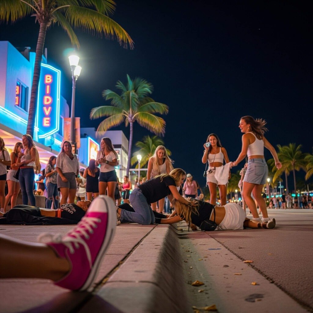 Neon-lit Ocean Drive with sneakers.