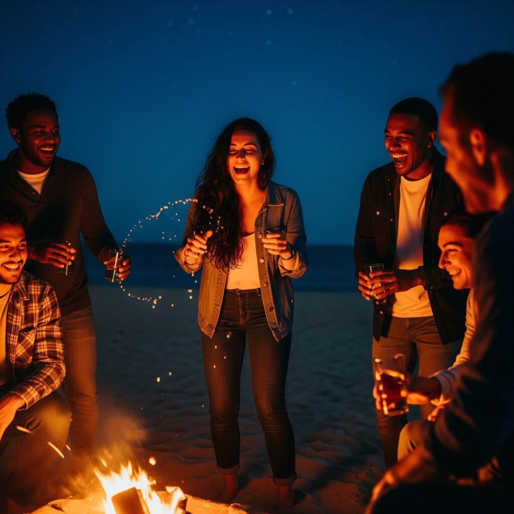Friends laughing around a bonfire on a beach, one spilling a drink.