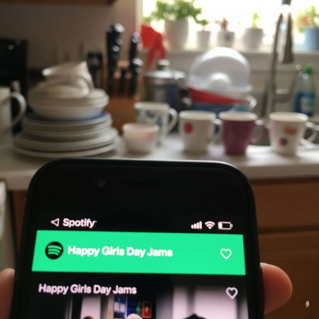 A phone screen displays a Spotify playlist called "Happy Girls Day Jams" on a cluttered kitchen counter.