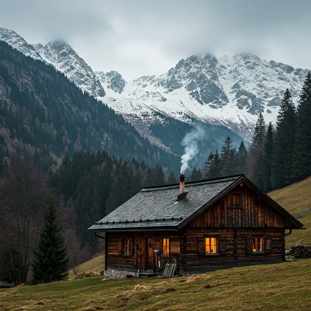 Mountain cabin snow peaks
