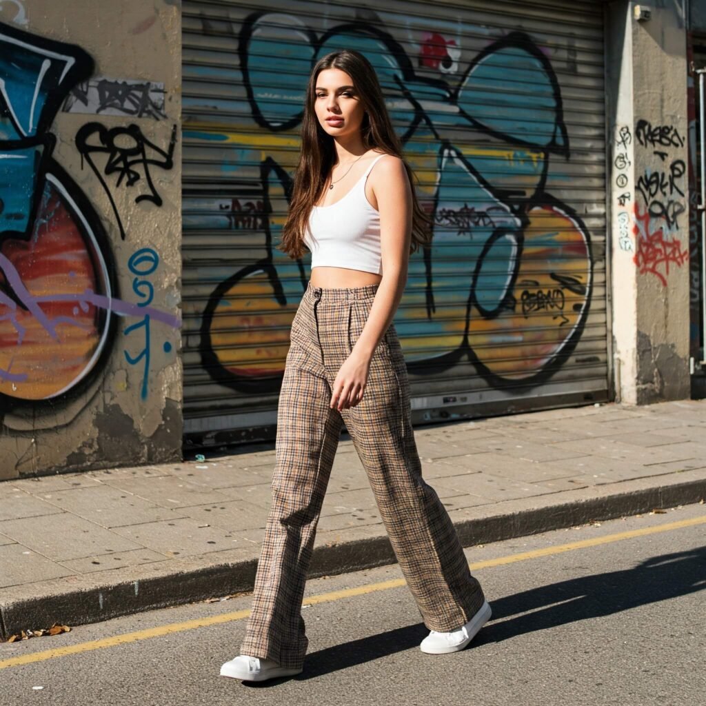 Wide-leg pants and sneakers
