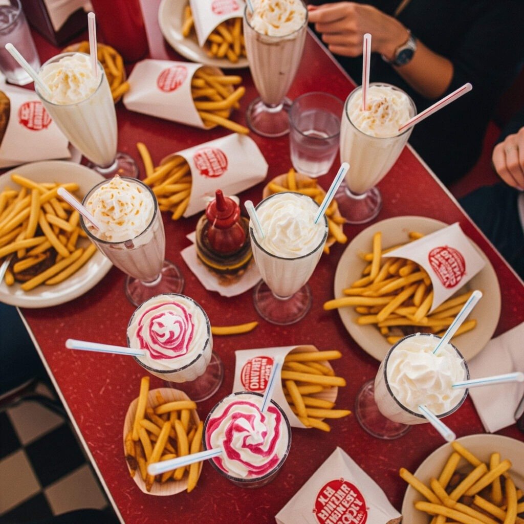 Retro diner table with milkshakes and fries.