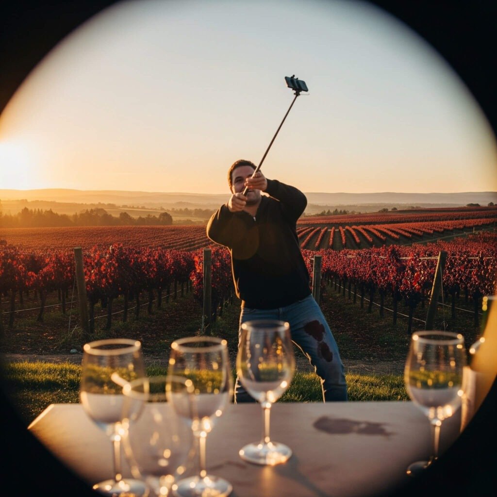 Golden-hour vineyard with selfie stick.