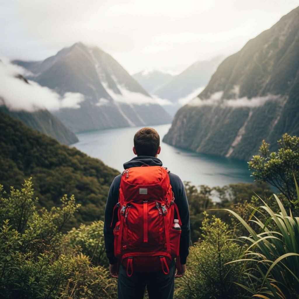 Lone Backpacker in New Zealand Fjord