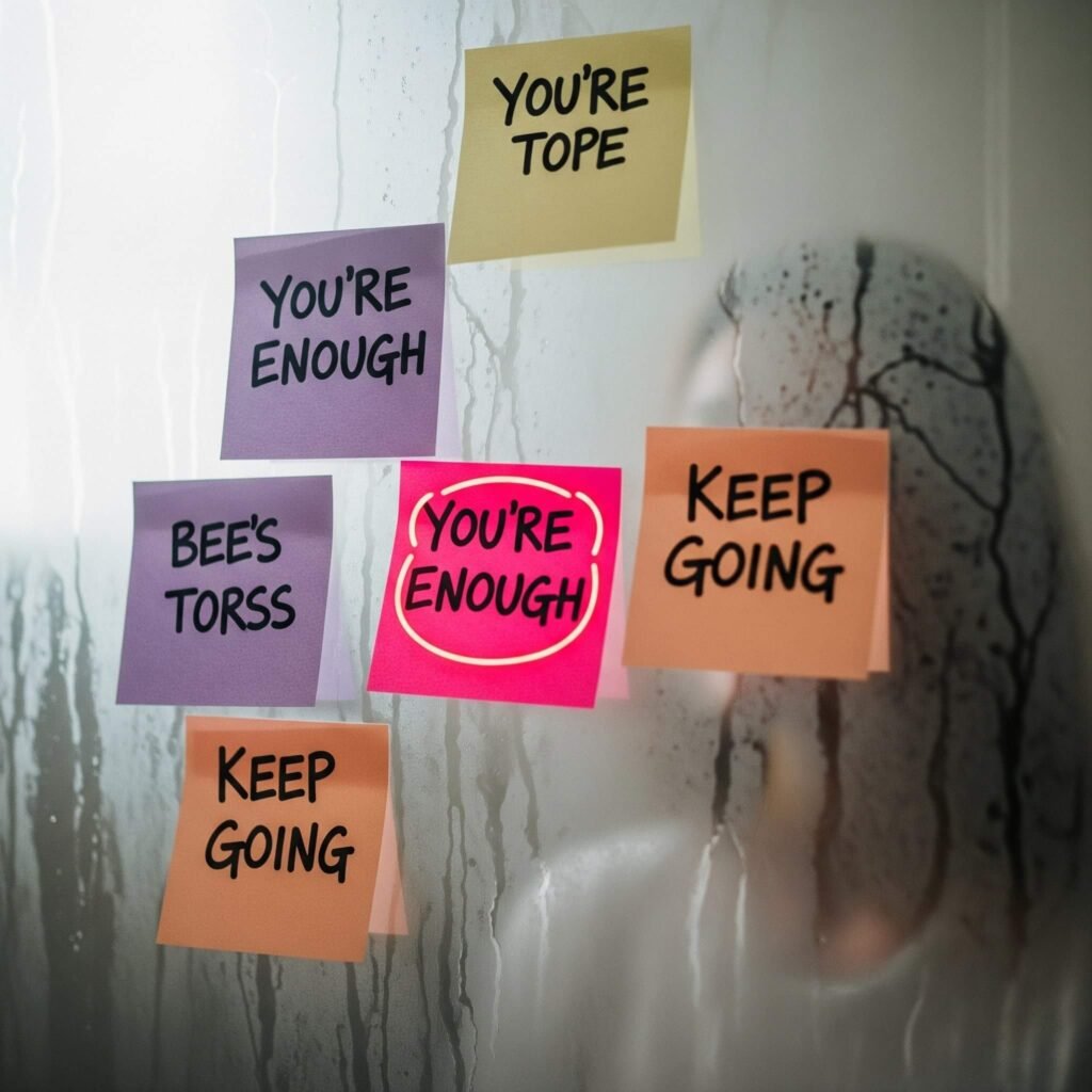 A steamy bathroom mirror covered in colorful Post-it notes with affirmations.