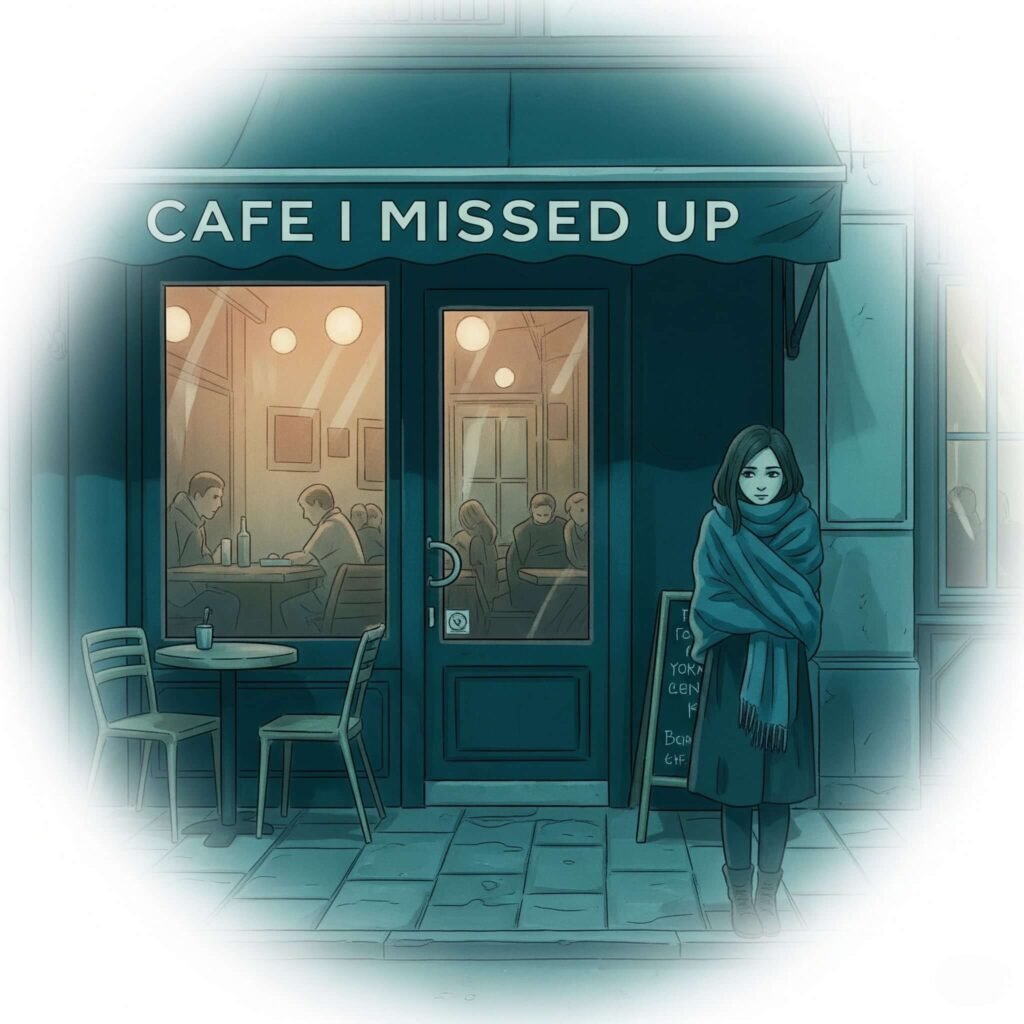 Impressionistic shot of shivering outside café in blue-green tones.