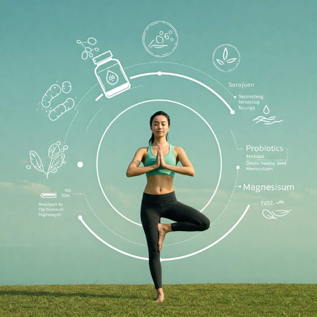Yoga pose with wellness icons