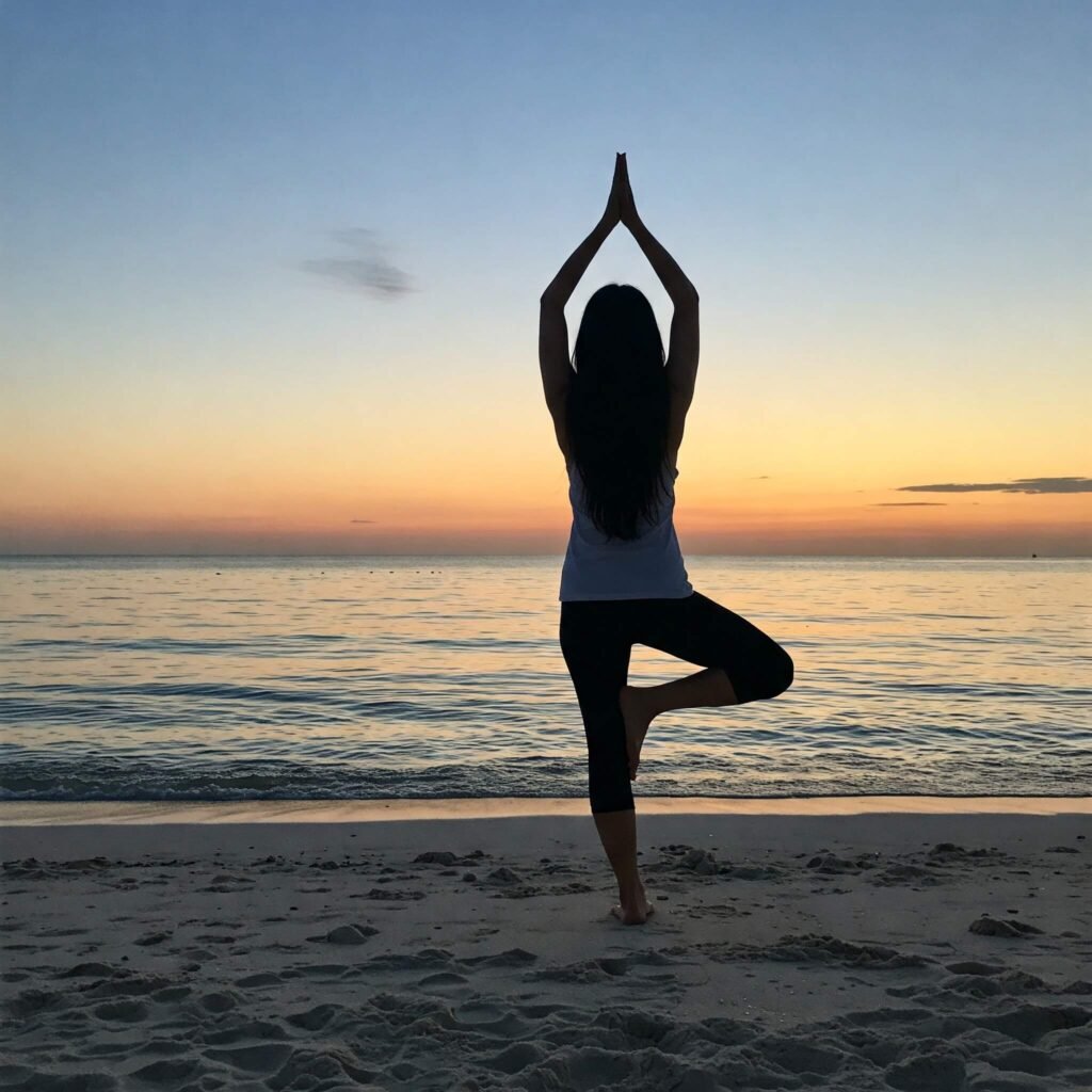 Yoga at Sunrise, Beach Pose