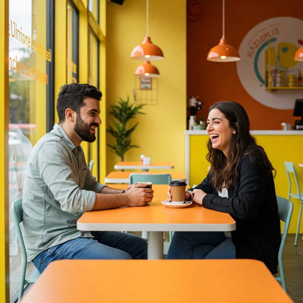 Joyful cafe conversation