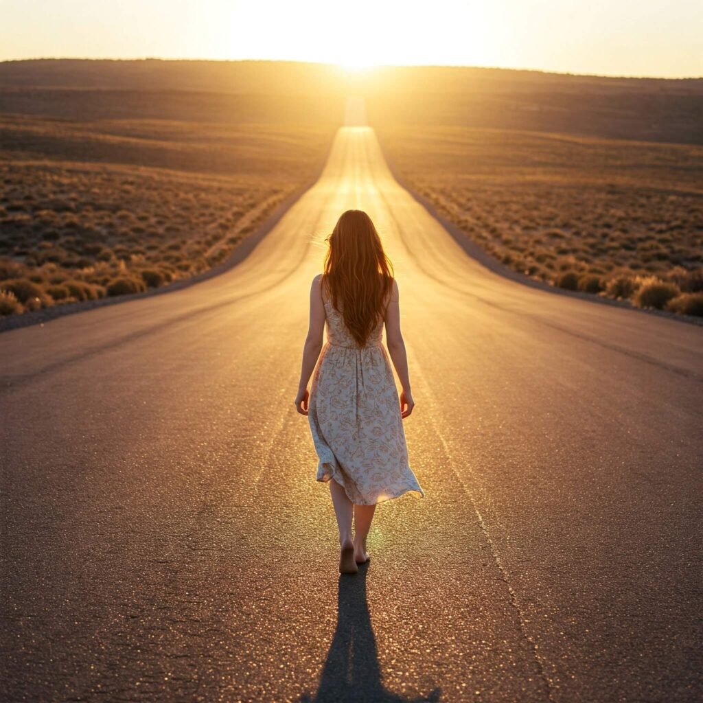 Woman walking towards horizon
