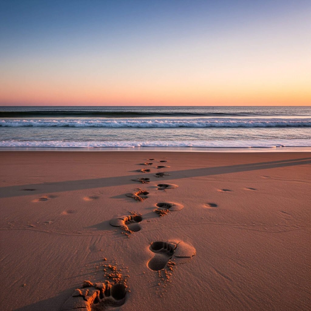 Serene beach at dusk with uneven footprints.