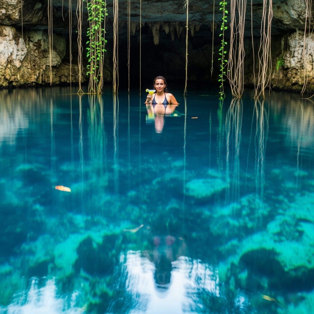 Cenote with margarita reflection.