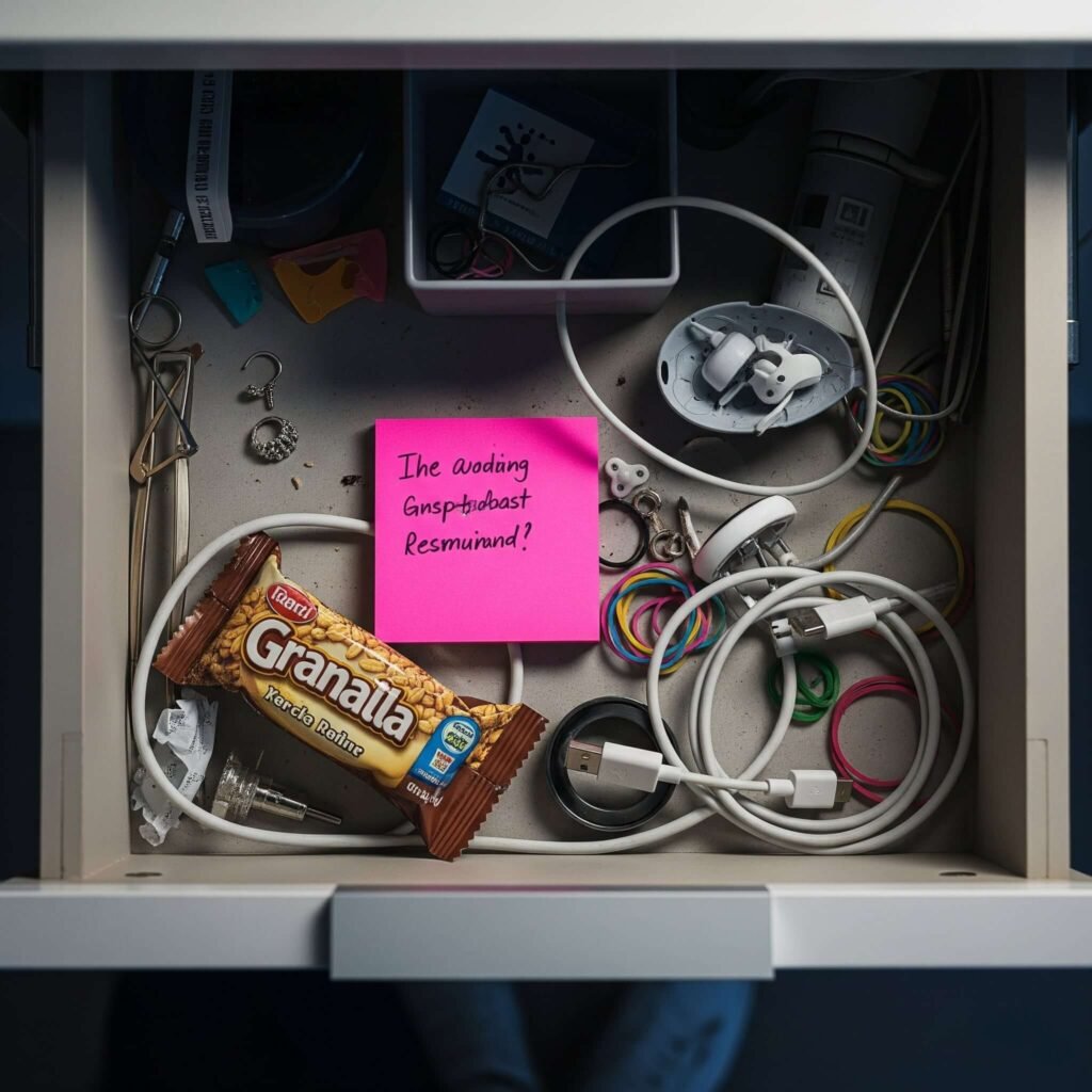 Overhead shot of a messy junk drawer with random items.