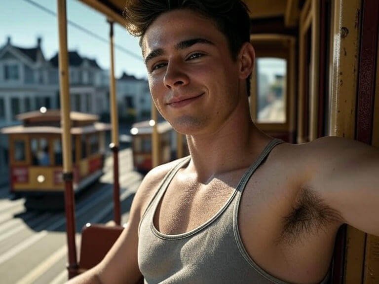 Vintage photo of sweaty armpit with cable car doodle.