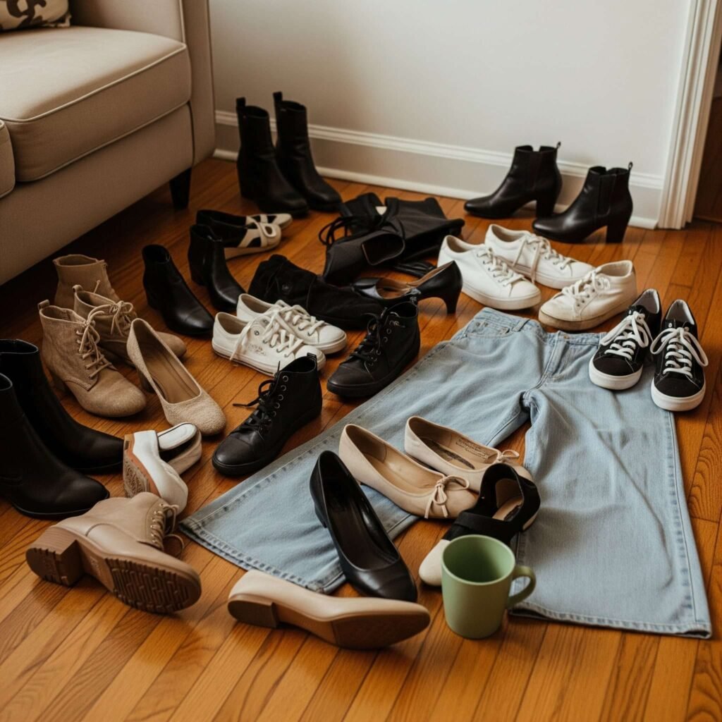 Chaotic shoe pile with wide-leg pants.