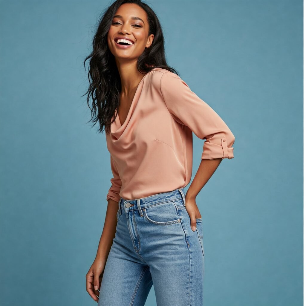 High-Waisted Jeans and Silk Top
