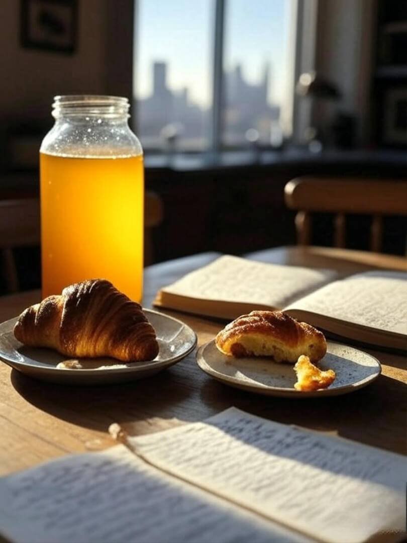 slightly vintage-filtered image of a kitchen table in Queens: a jar of kombucha with sunlight hitting it, a half-eaten croissant, and a journal open with scribbles.