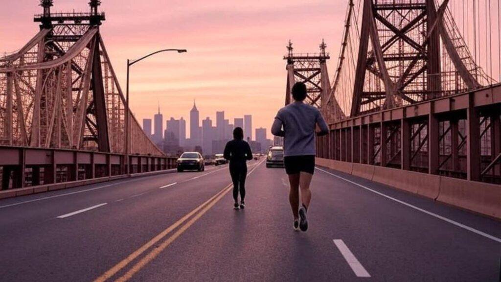 someone jogging on the Queensboro Bridge at sunrise, headphones in, sky painted pink-orange.