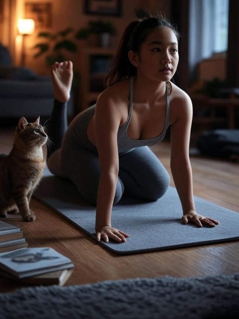 Side-angle shot of Cat-Cow on a mat with a real cat mimicking the pose.
