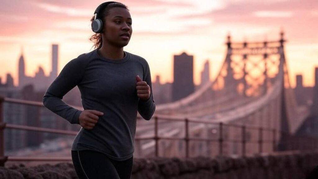 someone jogging on the Queensboro Bridge at sunrise, headphones in, sky painted pink-orange.