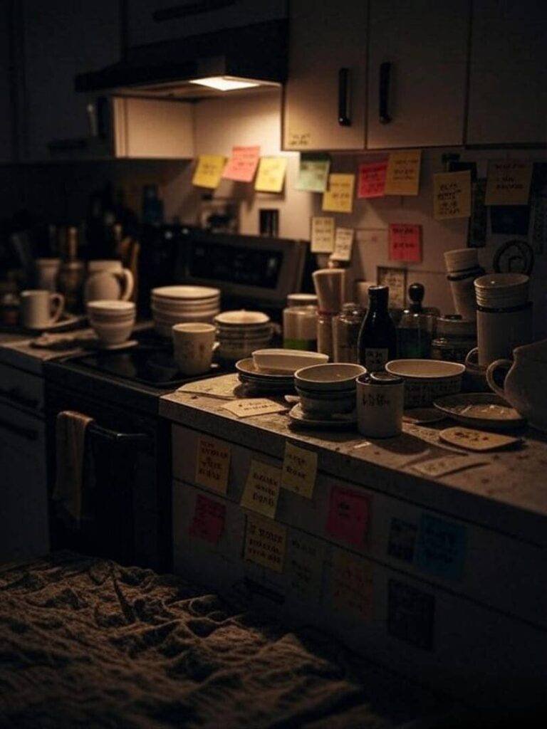 kitchen counter with sticky notes: “Say no,” “You’re not a bad person,” “Take a break.” Warm, muted lighting.