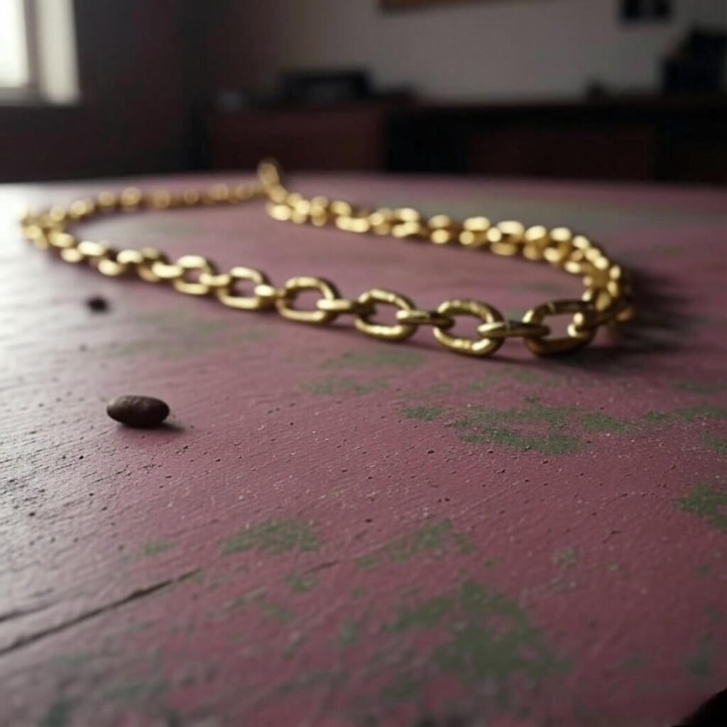 Scratched gold chain, stained tee, coffee bean.