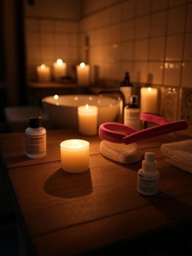 cozy, dim-lit bathroom counter with candles, retro pink headband on sink, and a half-empty retinol bottle.