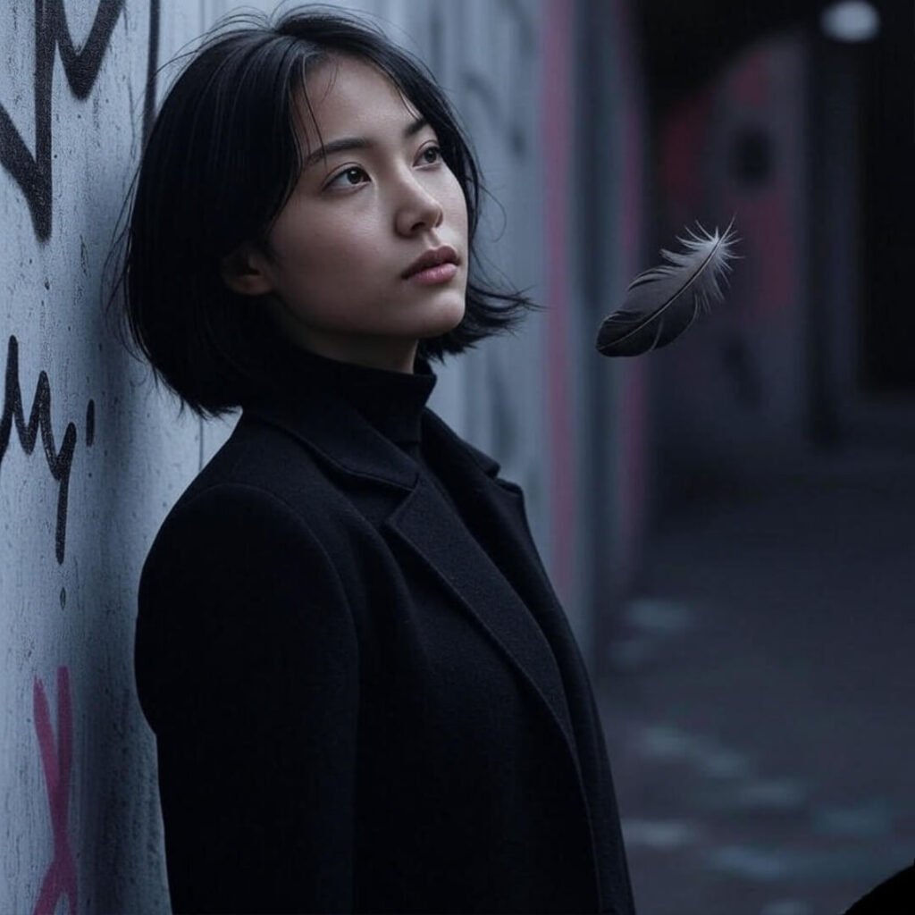 Black outfit, graffiti wall, floating pigeon feather.