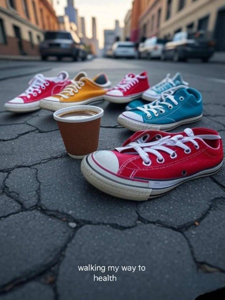 Overhead shot of sneakers on cracked city pavement with coffee in hand, caption “walking my way to health.”