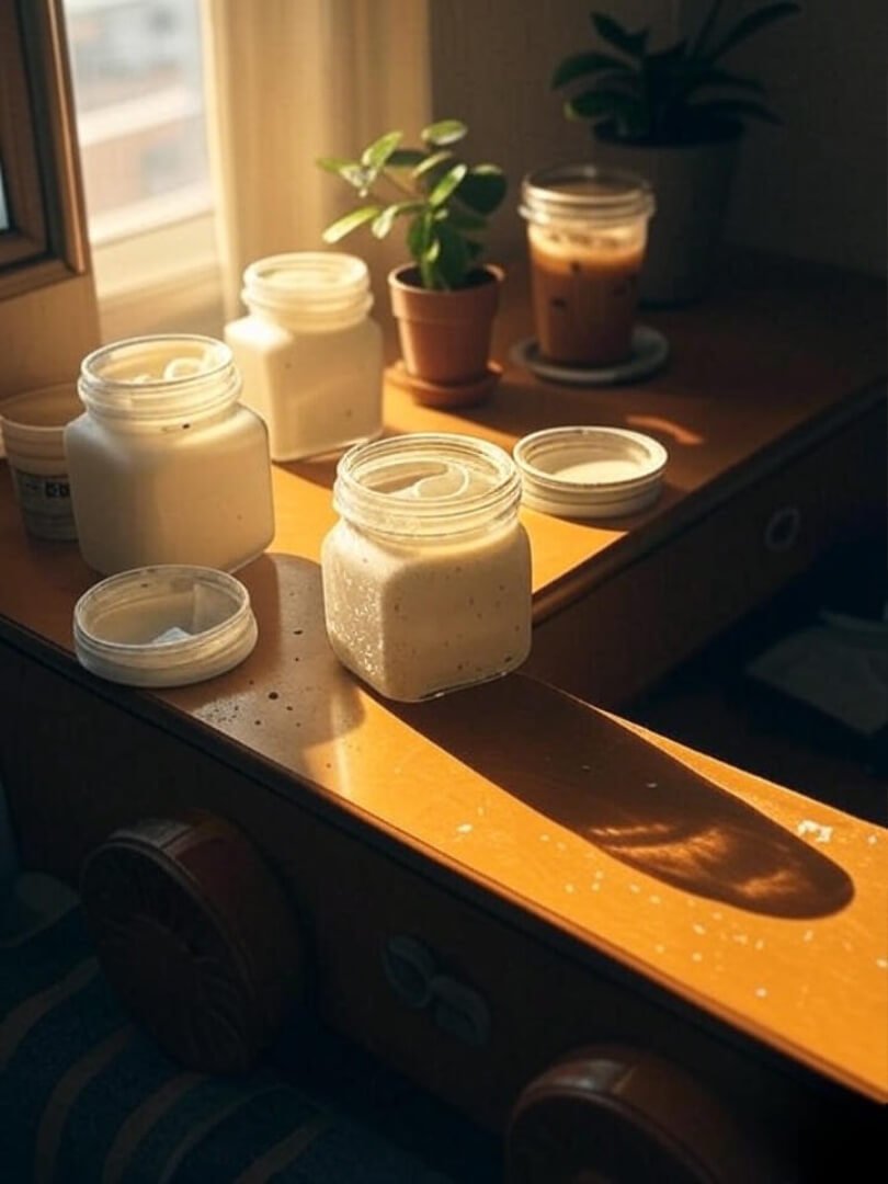 A high-res, slightly vintage-filtered shot of a cluttered vanity table in a Queens apartment.