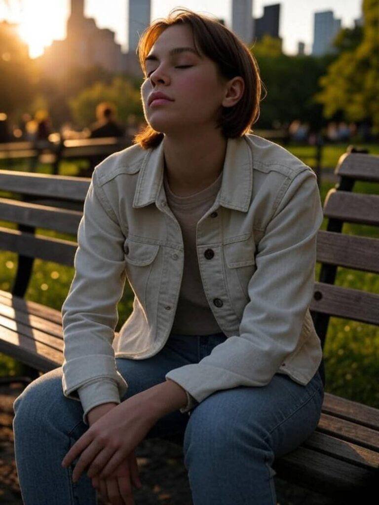 a young New Yorker sitting on a park bench, eyes closed, hands resting on knees, soft sunset light filtering through city trees.