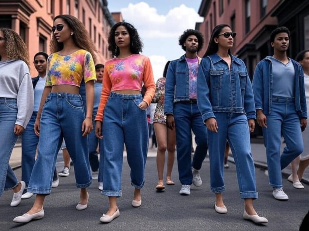 2025 fashion trends—baggy denim, bright prints, ballet flats. Slightly blurred motion to capture the energy.