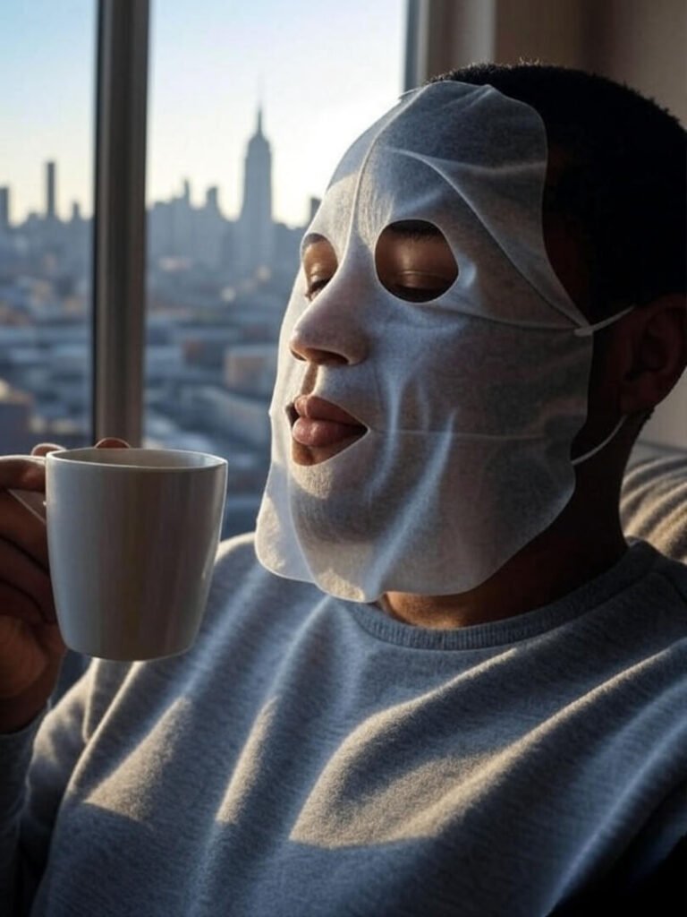 person wearing a sheet mask while holding a coffee mug