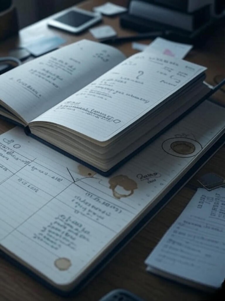 Overhead shot of a messy planner with doodles, coffee stains, and workout notes scribbled