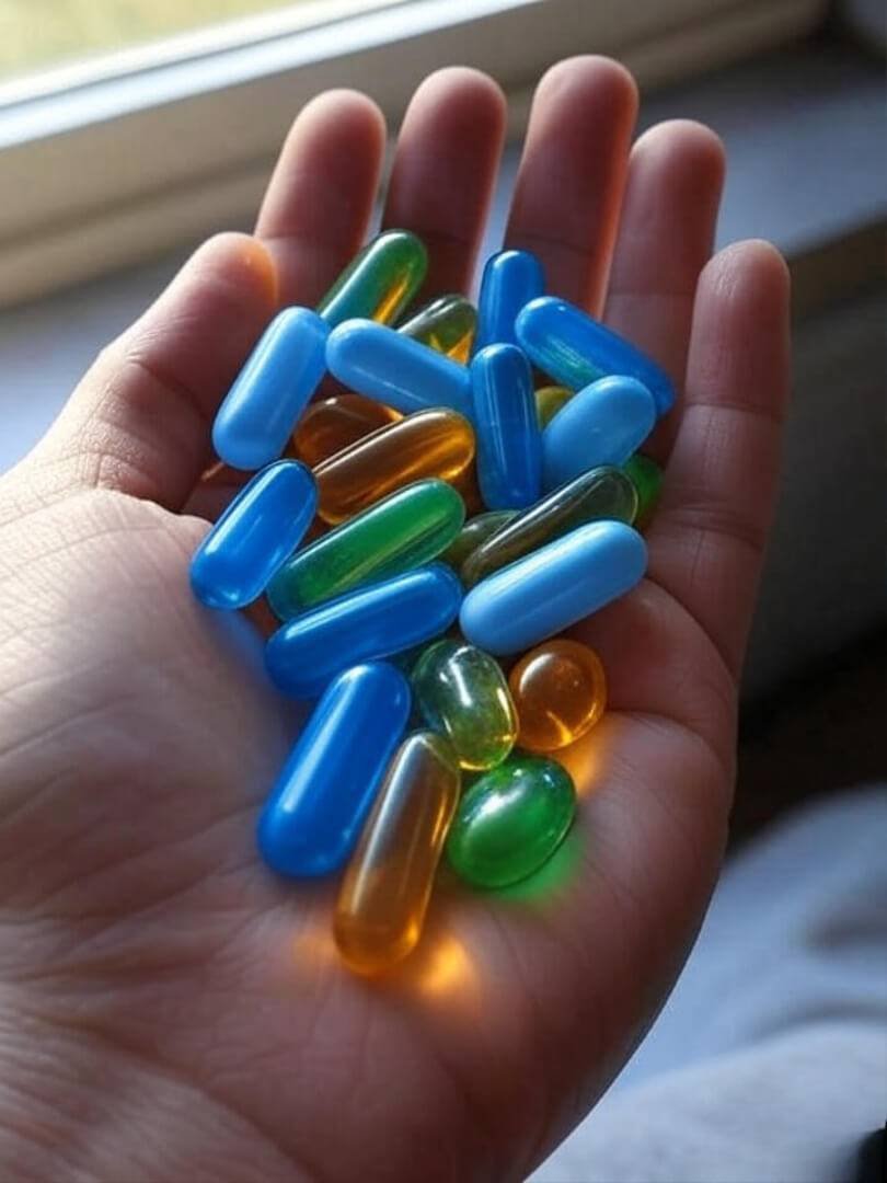 Close-up of a hand holding colorful “smart” vitamins under a soft morning light