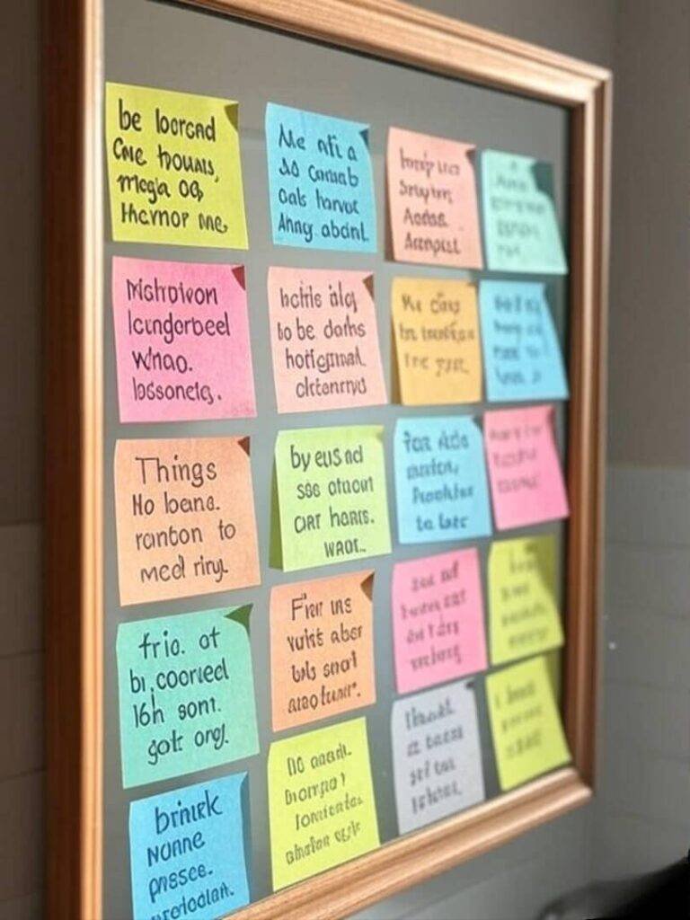 Close-up of colorful sticky notes with handwritten affirmations stuck on a mirror.