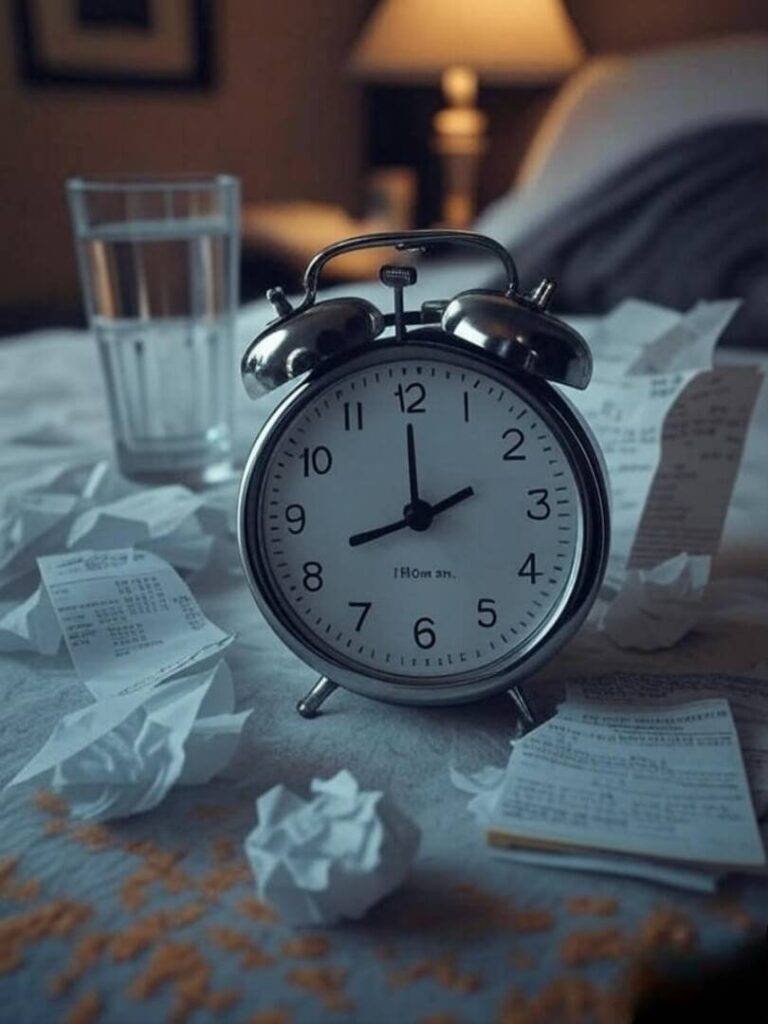 A cracked iPhone alarm clock at 7:59 a.m. with a messy nightstand—half-drunk water glass, crumpled receipts.