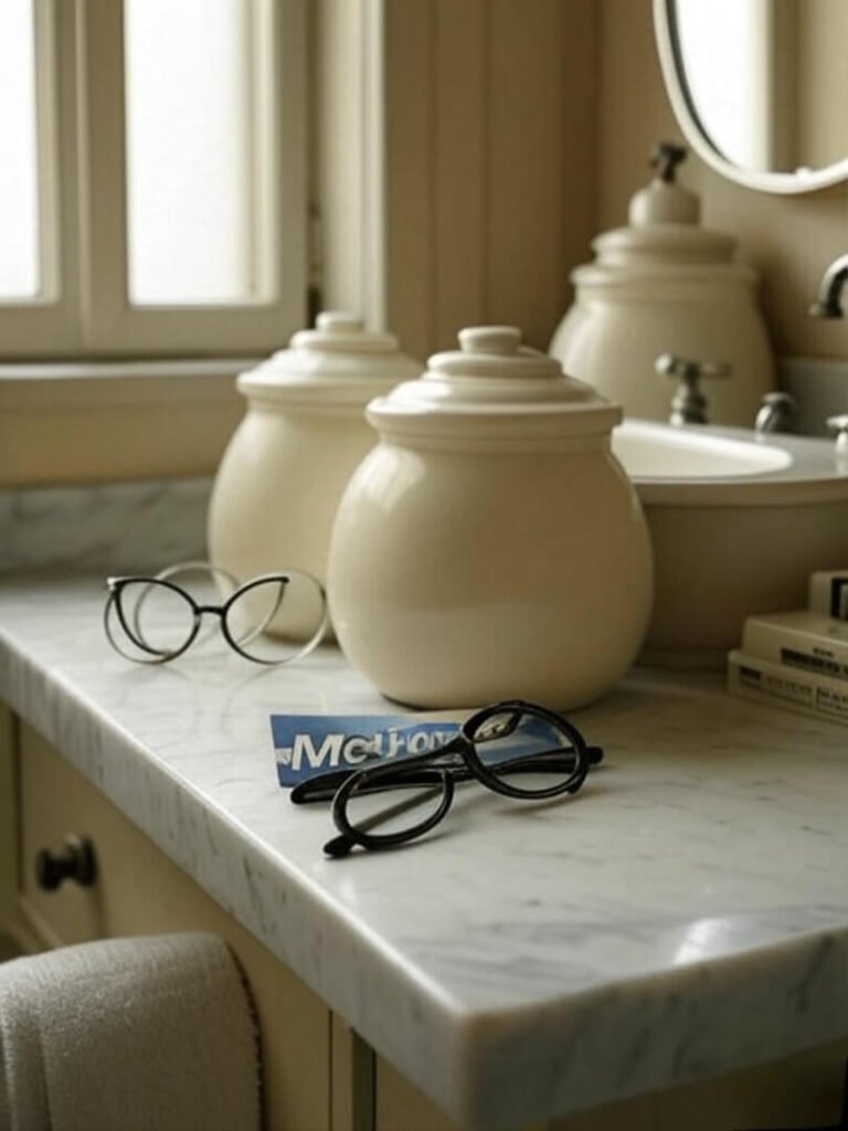 elegant, slightly vintage-filtered bathroom shot with thick cream jars, reading glasses, and a MetroCard. Muted tones, nostalgic mood.