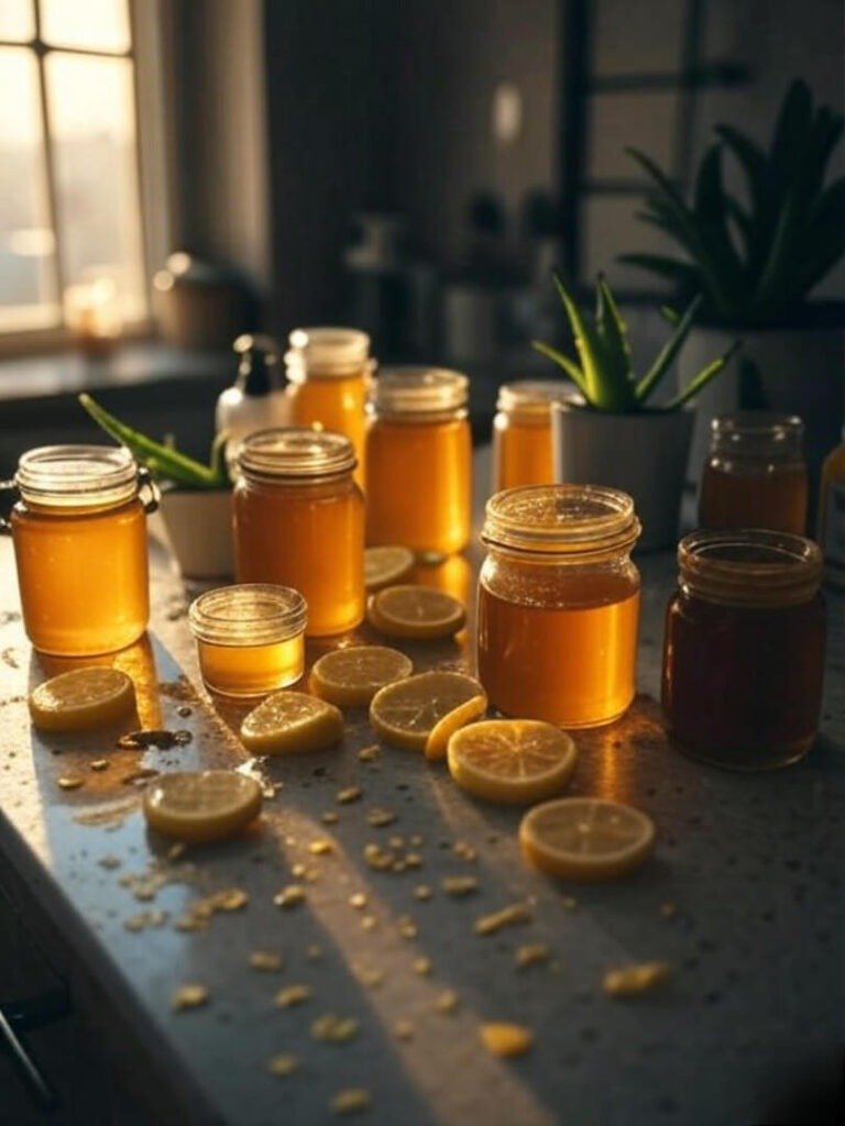 a messy bathroom counter with open jars of honey, lemon slices, a tiny aloe plant, and a steaming mug of tea next to it.